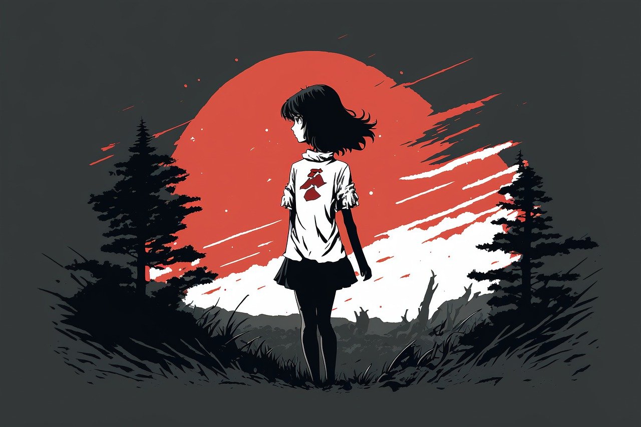 森林中面向红色夕阳的二次元少女